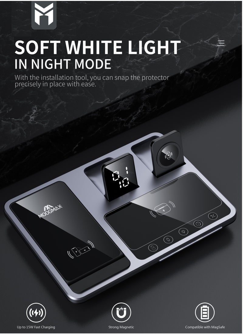 MOOGMAX - 4-in-1 wireless charging magsafe 15W support fast charging and intelligent identification of devices Fast charging for three devices at the same time and a clock indicator Support all kinds of phones - Image 1