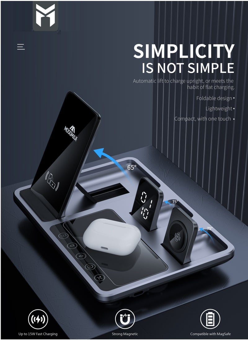 MOOGMAX - 4-in-1 wireless charging magsafe 15W support fast charging and intelligent identification of devices Fast charging for three devices at the same time and a clock indicator Support all kinds of phones - Image 1