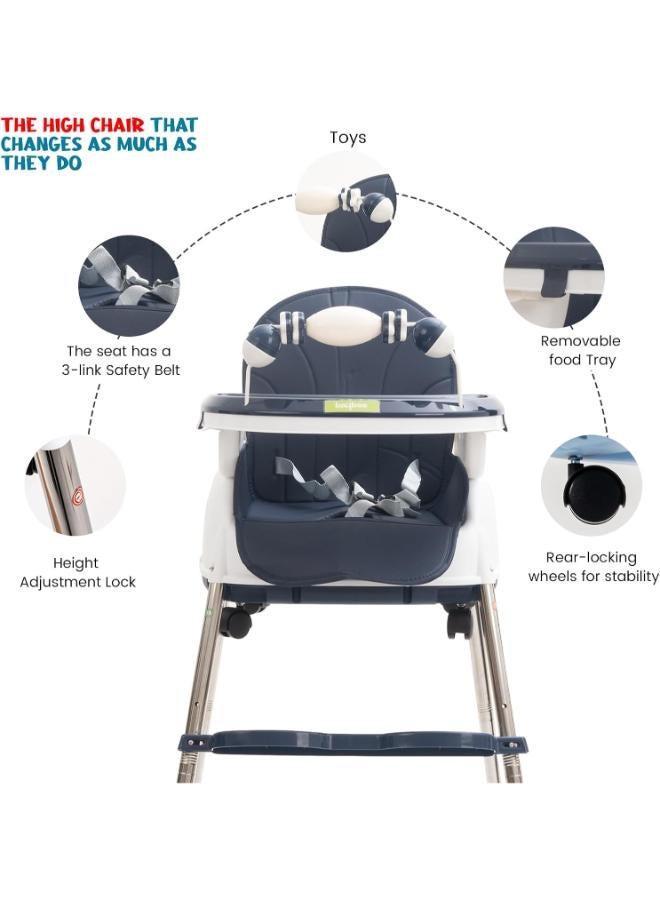 Baybee Nora 4-in-1 Convertible High Chair & Booster Seat with Wheels - Navy Blue - Image 5