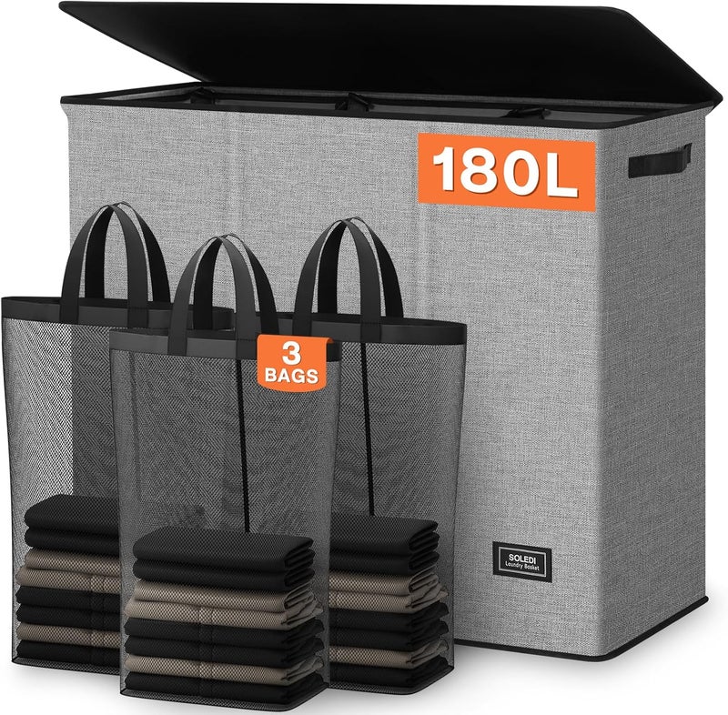 SOLEDI 180L Laundry Hamper 3 Section, Extra Large Laundry Hamper with Lid, Dirty Clothes Hamper with Sturdy Handle, Large Laundry Basket Organizer for Laundry Room, Bedroom, Hampers for Laundry - Image 1