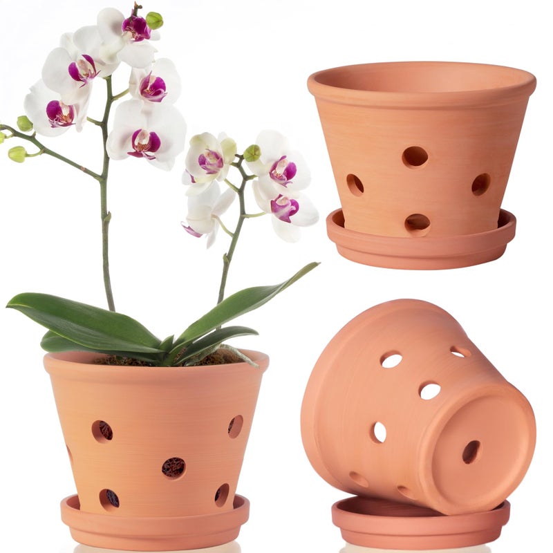 Orceler 6 inch Terracotta Orchid Pots with Holes and Saucers, 3 Pack Clay Orchid Planter Pots for Repotting, Small Terra Cotta Orchid Pot, Plant Flower Pots for Orchid Indoor Outdoor Promotes Air Circulation - Image 1