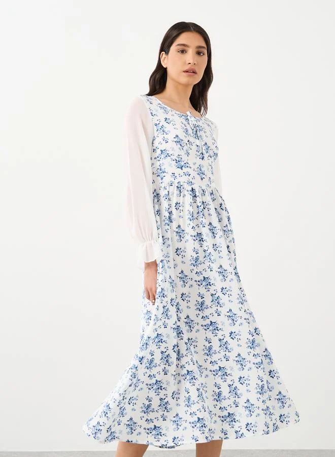 Take Two Take Two Contrast Mesh Sleeve Floral Printed Midi Dress