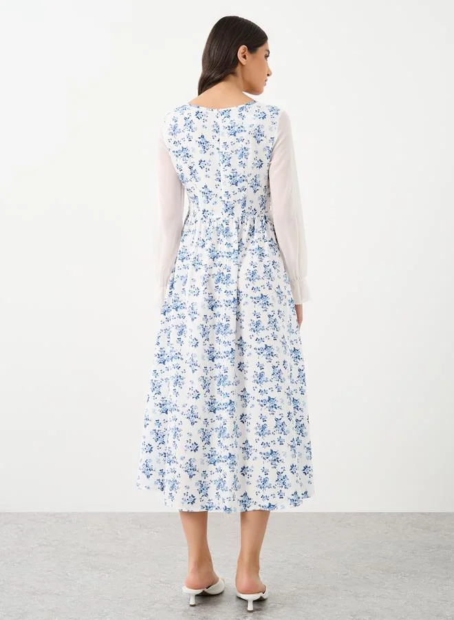 Take Two Take Two Contrast Mesh Sleeve Floral Printed Midi Dress