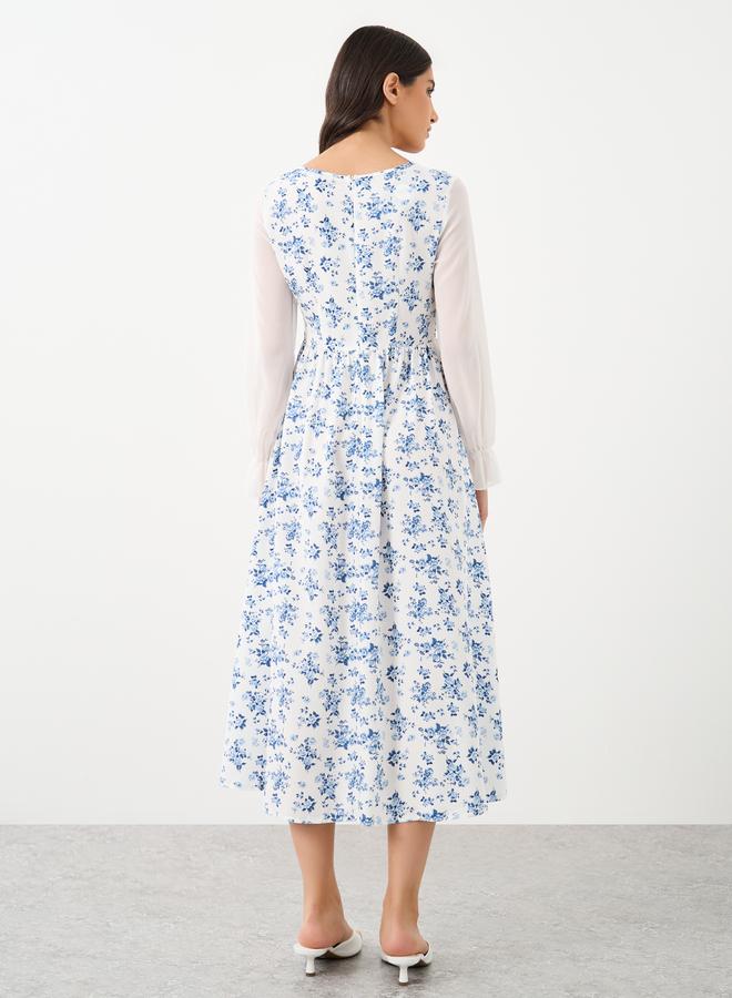 Take Two Contrast Mesh Sleeve Floral Printed Midi Dress - Image 5