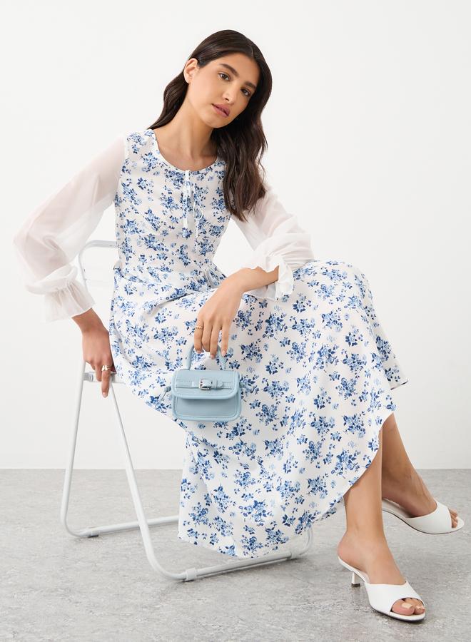 Take Two Contrast Mesh Sleeve Floral Printed Midi Dress - Image 1