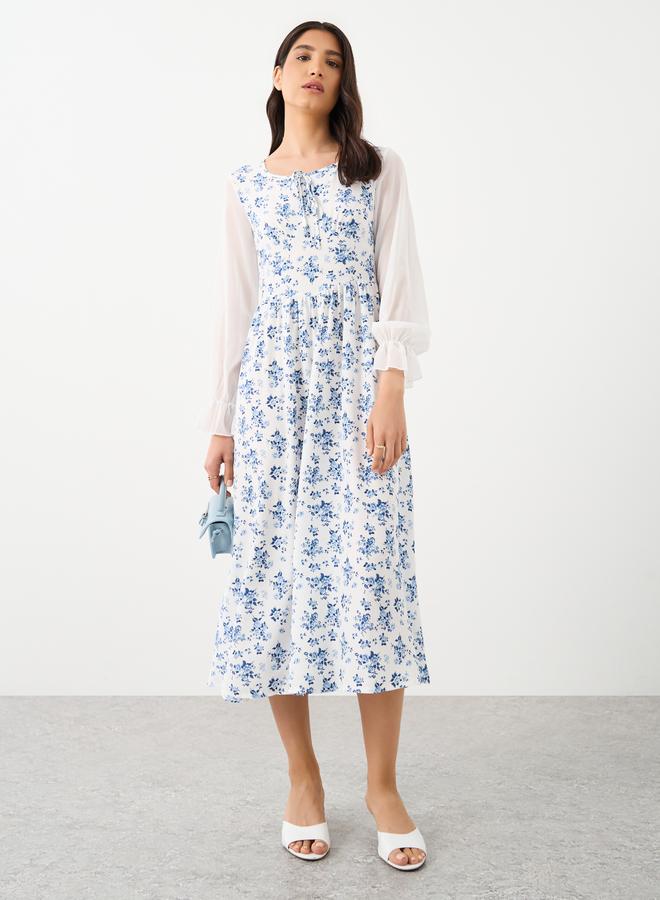 Take Two Contrast Mesh Sleeve Floral Printed Midi Dress - Image 2
