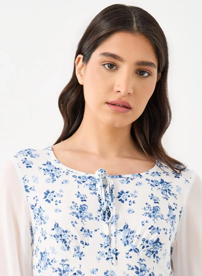 Take Two Take Two Contrast Mesh Sleeve Floral Printed Midi Dress
