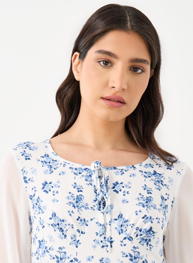 Take Two Contrast Mesh Sleeve Floral Printed Midi Dress - Image 4