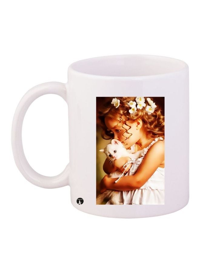 Girl With Kitten Printed Coffee Mug White/Brown/Gold 11ounce