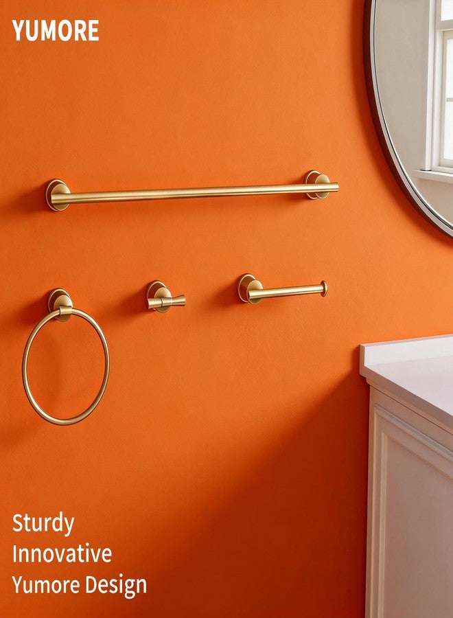 YUMORE Gold Bathroom Hardware Set, 4-Pieces Wall Mounted Bath Accessories Kit, Stainless Steel Towel Bar, Towel Ring, Toilet Paper Holder & Robe Hooks, Modern Brushed Gold Finish - Image 2