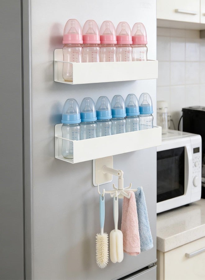 WAKCCIL 2 Pack Magnetic Baby Bottle Organizer for Refrigerator, Space-Saving Metal Storage Rack with Rotating Hook, Strong Magnetic Shelf for Bottles, Pacifiers, Brushes, Nursery or Kitchen Use - Image 1