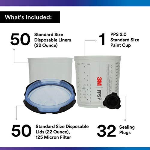 3M PPS 2.0 Spray Gun Cup, Lids and Liners Kit, 26301, Standard, 22 Ounces, 125-Micron Filter, Use for Cars, Furniture, House and More, 1 Paint Cup, 50 Disposable Lids and Liners, 32 Sealing Plugs - Image 2