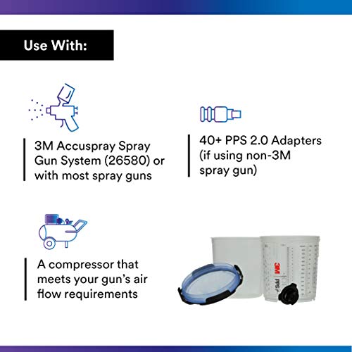 3M PPS 2.0 Spray Gun Cup, Lids and Liners Kit, 26301, Standard, 22 Ounces, 125-Micron Filter, Use for Cars, Furniture, House and More, 1 Paint Cup, 50 Disposable Lids and Liners, 32 Sealing Plugs - Image 3