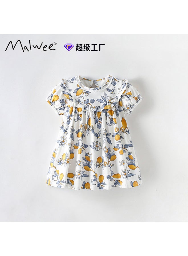 White Blue Malwee Summer New European Style Girls Short Sleeve Round Neck Princess Dress