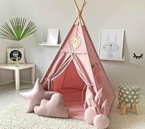 RONGFA Kids Teepee Tent with White Pom Pom Indoor Play Teepee for Children Boys Portable Play House Pink - Image 1
