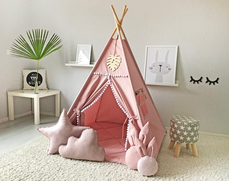 RONGFA Kids Teepee Tent with White Pom Pom Indoor Play Teepee for Children Boys Portable Play House Pink - Image 5