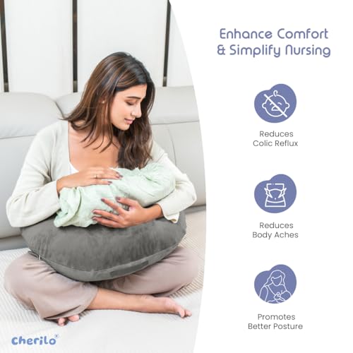 Cherilo Feeding Pillow for New Born Baby | Nursing, Bottle Feeding & Breast Feeding Pillow | Baby Support Pillows with Adjustable Waist Strap | Premium Soft Velvet Fabric – Grey - Image 2
