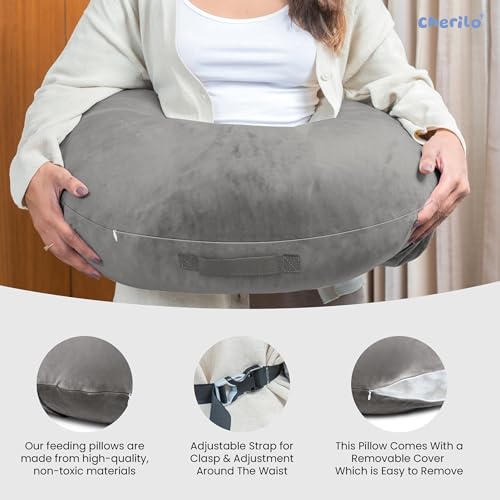 Cherilo Feeding Pillow for New Born Baby | Nursing, Bottle Feeding & Breast Feeding Pillow | Baby Support Pillows with Adjustable Waist Strap | Premium Soft Velvet Fabric – Grey - Image 5