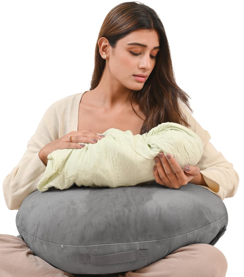 Cherilo Feeding Pillow for New Born Baby | Nursing, Bottle Feeding & Breast Feeding Pillow | Baby Support Pillows with Adjustable Waist Strap | Premium Soft Velvet Fabric – Grey - Image 1