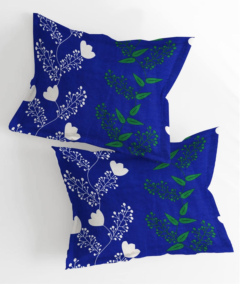 BSB HOME Glace Cotton Small Leaf Print Mix N Match Double Bed Sheet with 2 Pillow Covers for Queen Bed, Royal Blue & White - Image 5