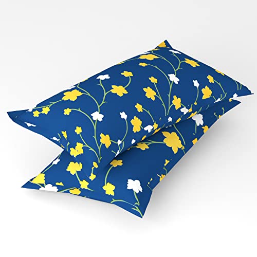 BSB HOME Glace Cotton Small Leaf Print Mix N Match Double Bed Sheet with 2 Pillow Covers for Queen Bed, Royal Blue & White - Image 2