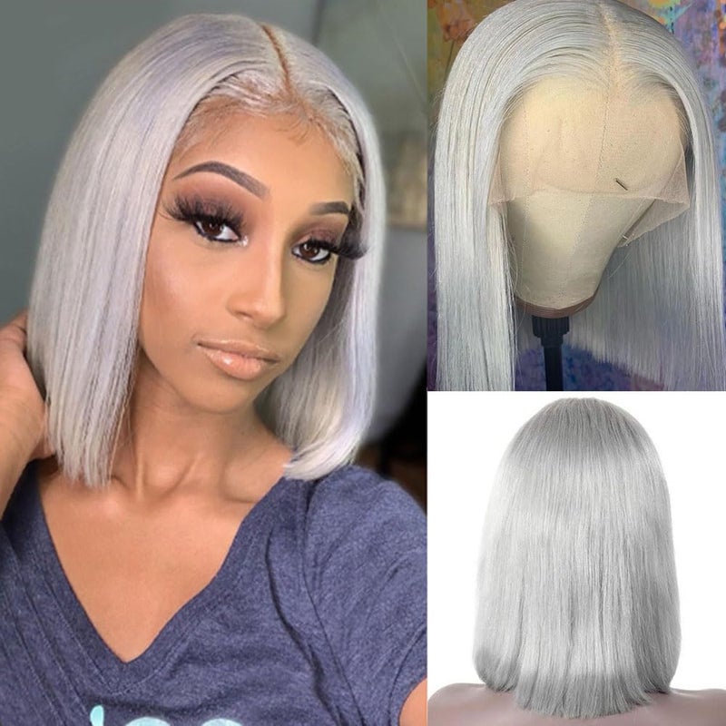 Grey Bob Wigs Human Hair 13x4 Lace Frontal 10Inch 180 Brazilian Virgin Hair Pre Plucked with Baby Hair for Women Glueless HD Transparent Blunt Cut Silky Straight Bleached Knots Gray Bob Wig