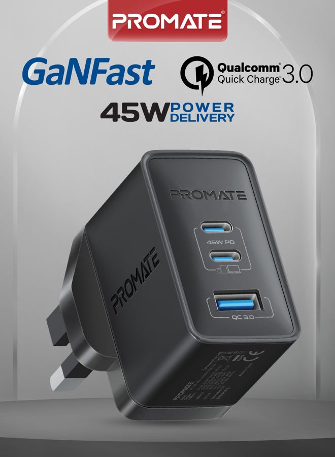 Promate Ultra-Compact Triple Port GaNFast™ Charger with Dual PD45W USB-C, Super-Fast QC 22.5W USB-A Port, Multi-Regional UK And EU Plug Support, Travel-Friendly Design, And Advanced Protection System - PowerPort-45 UK Black for iPhones, Macbook & Laptops Black