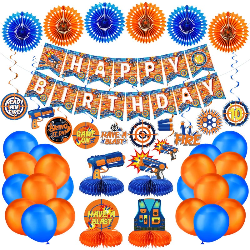 ABURRORI 42 PCS Dart War Party Decorations Banner Hanging Swirl Honeycomb Centerpieces Blue and Orange Balloons Paper Fans 3D Dart Table Decorations for Dart War Birthday Supplies Decorations - Image 1