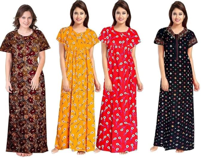 Vlazom Women's Cotton Nightgown – Pack of 4 Printed Maxi Nighties | Ankle Length Night Dress | Free Size Sleepwear (Option-7, Free Size) - Image 1