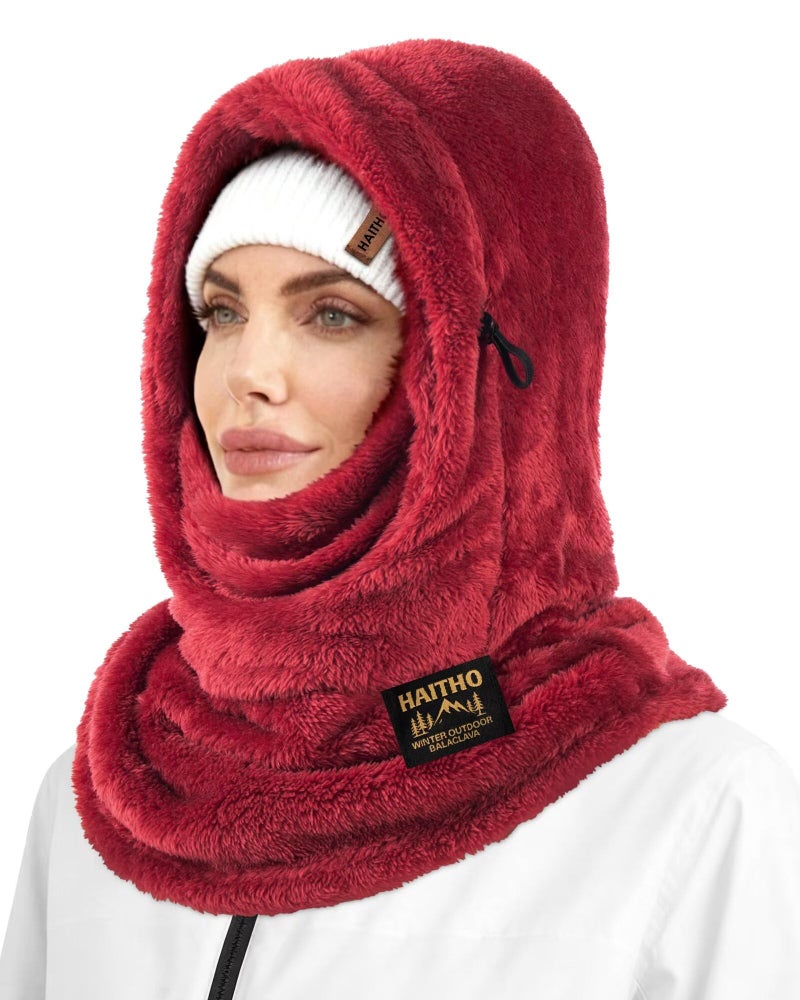 HAITHO Ski Mask Balaclava for Women Men, Winter Full Face Mask Hooded Scarf for Cold Weather, Thermal Fleece Head Cover Neck Warmer, Burgundy, One size - Image 1