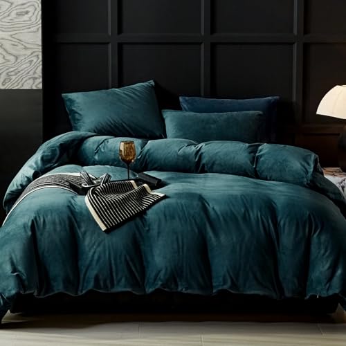 WARMDERN Peacock Blue Flannel Velvet Duvet Cover King Size Duvet Cover Bedding Sets, 3pcs Ultra Soft Luxury Textured Modern Crystal Velvet Duvet Covers with Zipper Closure(Peacock Blue, King) - Image 1