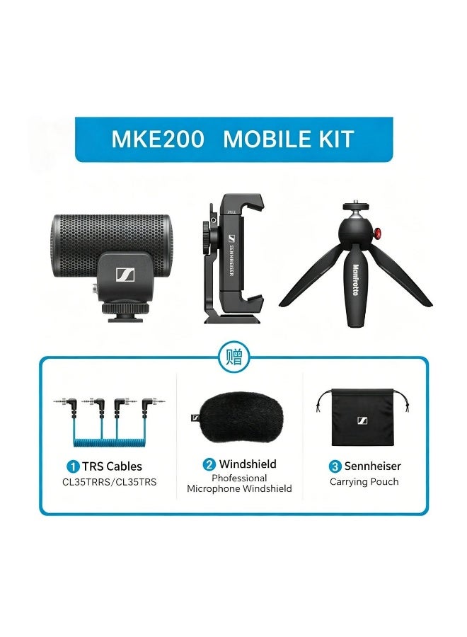 Sennheiser MKE 200 Mobile Kit Compact Directional On-Camera Microphone, Black