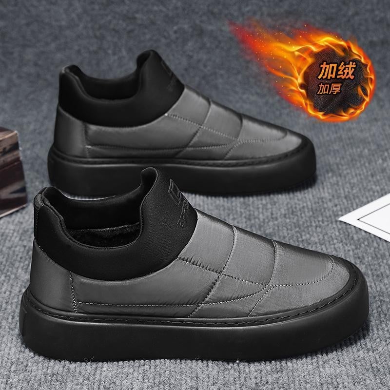 Winter Warm Cotton Shoes for Men Fleece-Lined Waterproof Board Shoes Soft Sole Laid-Back Fabric Shoes Rubber Sole Youth Shoes Black gray