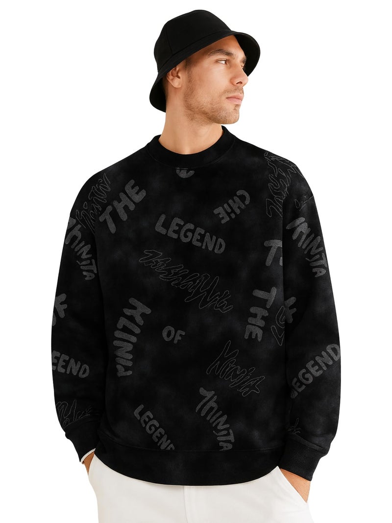 Jump Cuts Mens AOP Printed Round Neck Full Sleeve Black Cotton Fleece Jacket - Image 5