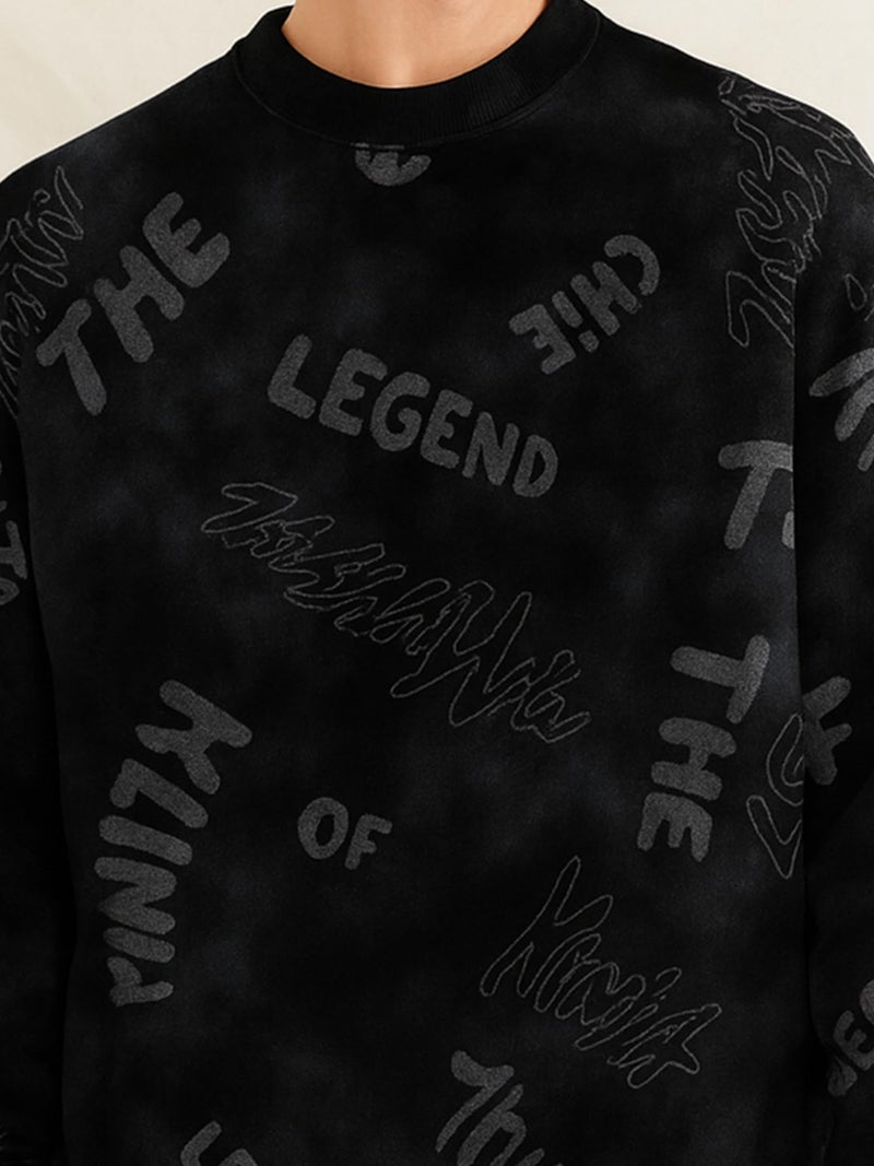 Jump Cuts Mens AOP Printed Round Neck Full Sleeve Black Cotton Fleece Jacket - Image 4