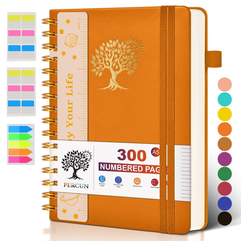 PERCUN Spiral Notebook Journal for Women Men, 300 Numbered Lined Pages, College Ruled, A5 Hardcover Spiral Bound Notebook for School, Work, Note Taking Writing, Leather Spiral Journal Medium 5.9"x8.5" - Image 1