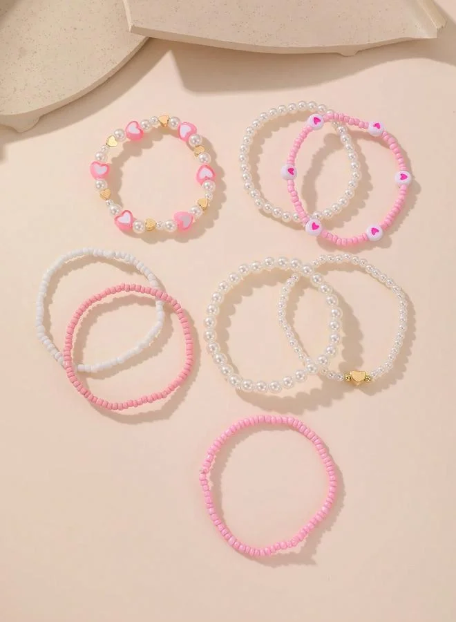 Take Two  Pack of 8 - Girls Multi-Color Pearl and Heart Beaded Bracelets for Women | Best Price UAE