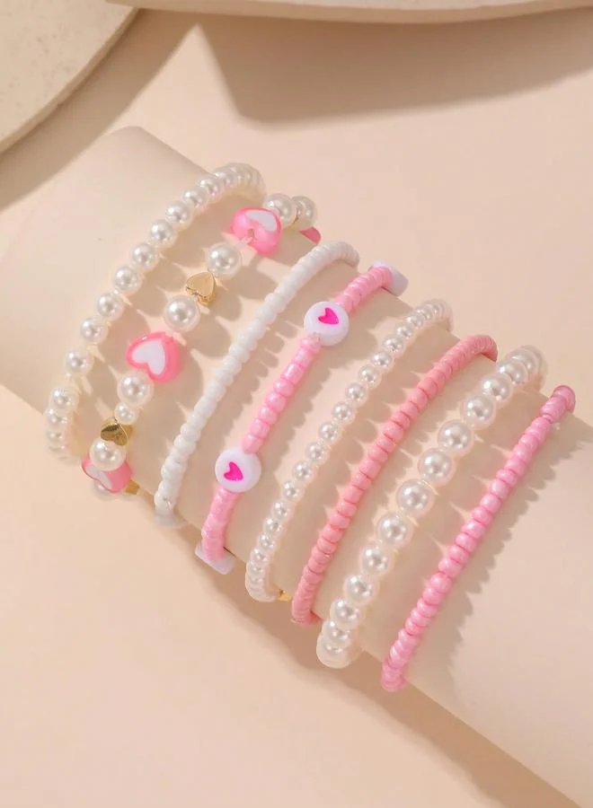 Pack of 8 - Girls Multi-Color Pearl and Heart Beaded Bracelets
