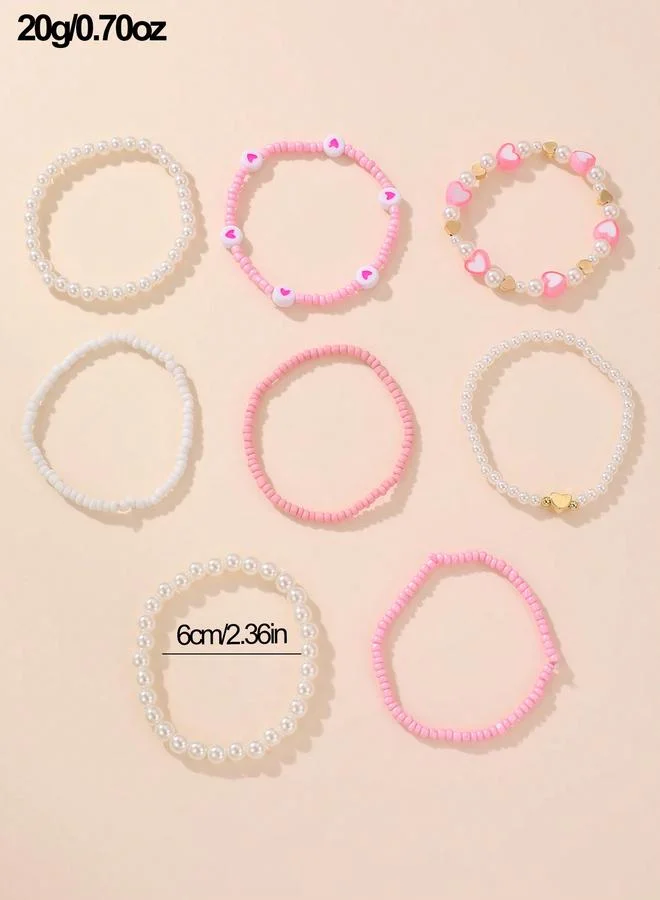 Take Two  Pack of 8 - Girls Multi-Color Pearl and Heart Beaded Bracelets for Women | Best Price UAE