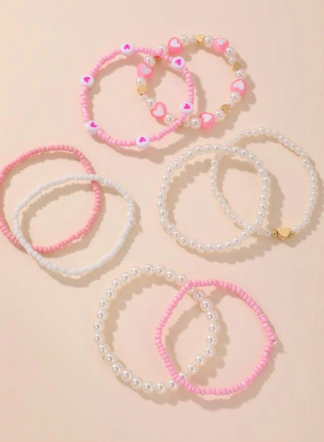 Take Two  Pack of 8 - Girls Multi-Color Pearl and Heart Beaded Bracelets for Women | Best Price UAE