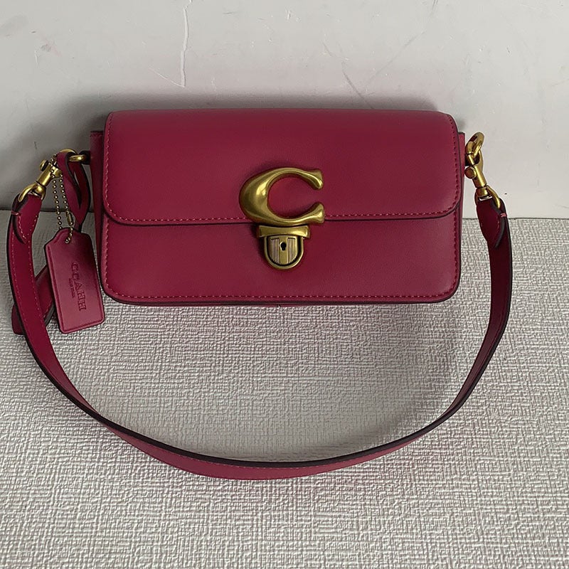 Genuine Leather womens bag 2023 new studio shoulder crossbody small square bag French simple baguette bag flip underarm bag Rose Red