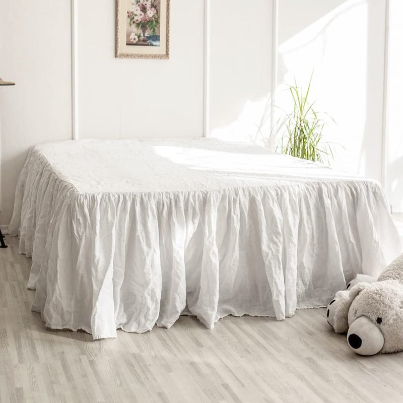 SimpleOpulence Belgian Linen Bed Skirt with Classic 16 inch Tailored Drop Dust Ruffle Easy Fit Breathable Premium Natural Flax Pleated WhiteKing