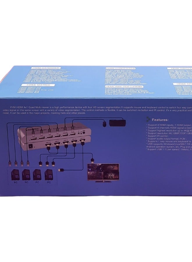 منفذ HDMI رباعي KVM متعدد المشاهدات، 4 منافذ HDMI، مخرج واحد | دقة 4K بتردد 30 هرتز | جهاز تحكم عن بُعد بالأشعة تحت الحمراء وزر تحكم | جاهز للتوصيل والتشغيل - Image 2