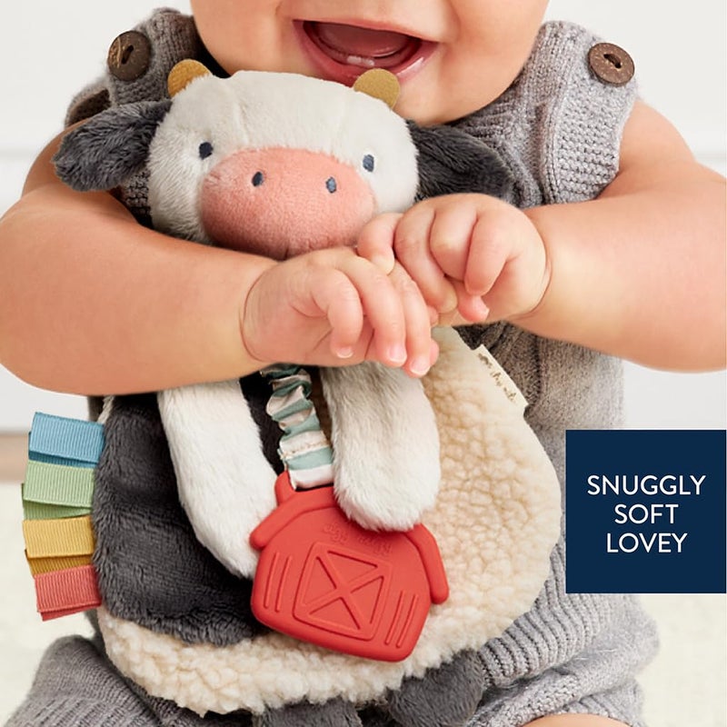 Itzy Ritzy - Itzy Lovey Including Teether - Baby Lovey with Teether, Textured Ribbons & Dangle Arms - Features Crinkle Sound, Sherpa Fabric and Minky Plush (Cow) - Image 5