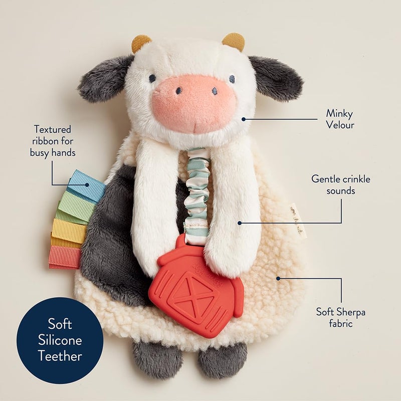Itzy Ritzy - Itzy Lovey Including Teether - Baby Lovey with Teether, Textured Ribbons & Dangle Arms - Features Crinkle Sound, Sherpa Fabric and Minky Plush (Cow) - Image 2