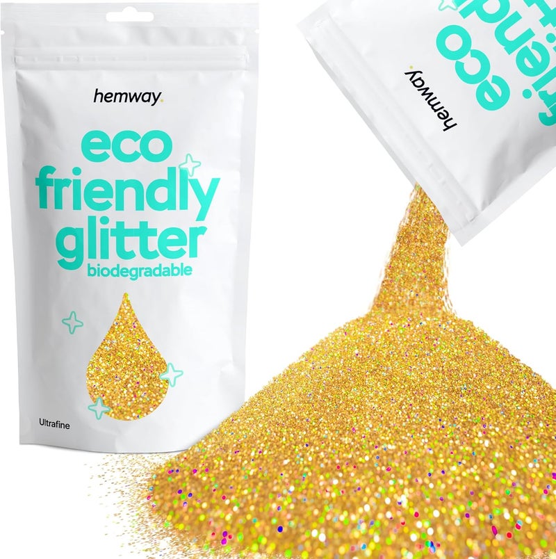 Hemway Eco Friendly Biodegradable Glitter 100g / 3.5oz Bio Cosmetic Safe Sparkle Vegan for Face, Eyeshadow, Body, Hair, Nail and Festival Makeup - Ultrafine (1/128" 0.008" 0.2mm) - Gold Holographic