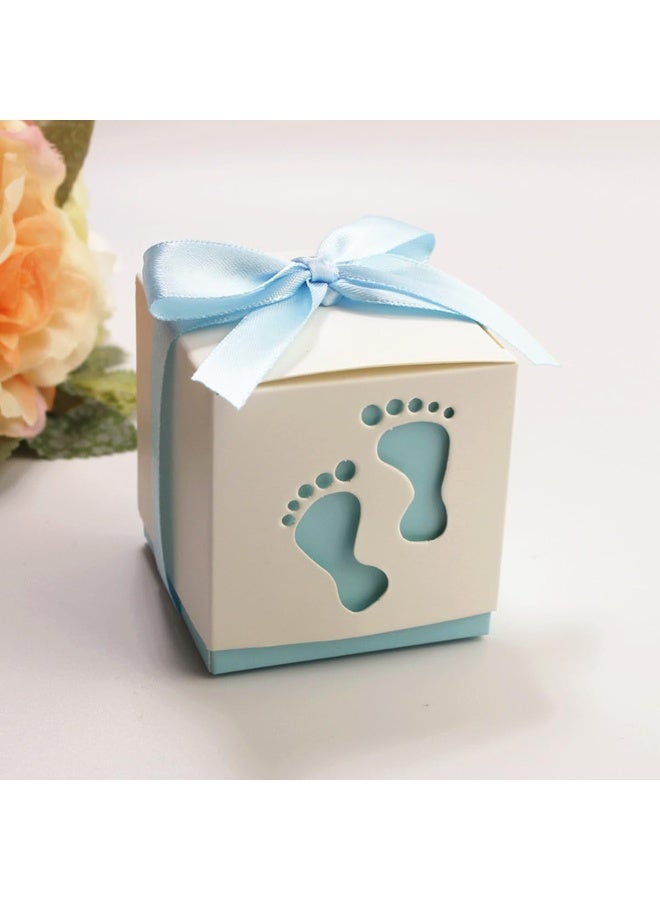 ECVV 50 Pcs Gift Bags Candy Box 6 * 6 * 6cm Cute Creative Paper Boxes Hollow Design Baby Footprints Baby Showers, Birthday Party Favor, Wedding, Anniversary Supplies with Blue Ribbon - Image 4