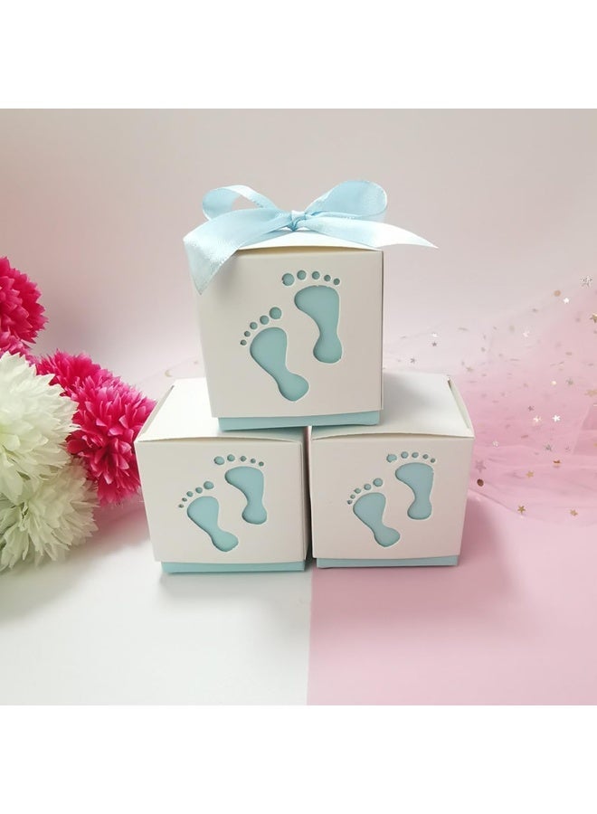 ECVV 50 Pcs Gift Bags Candy Box 6 * 6 * 6cm Cute Creative Paper Boxes Hollow Design Baby Footprints Baby Showers, Birthday Party Favor, Wedding, Anniversary Supplies with Blue Ribbon - Image 3