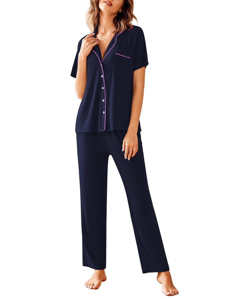 Avidlove Women Pajamas Set Notch Collar Soft Sleepwear Pjs Short Sleeve Button Down Nightwear with Long Pants Navy Blue - Image 1
