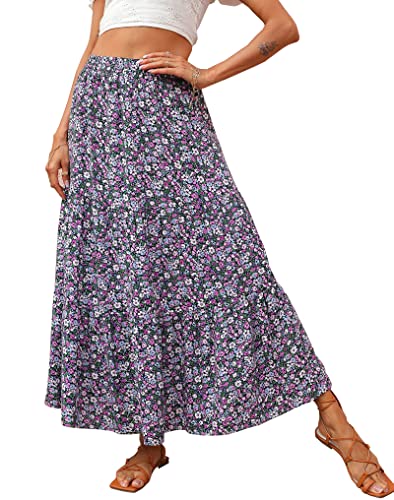 KIRUNDO Women's 2025 Fall High Waist Boho Floral Maxi Skirt Trendy Casual Flowy Swing Pleated A Line Beach Long Skirts(Black Purple, Large) - Image 1